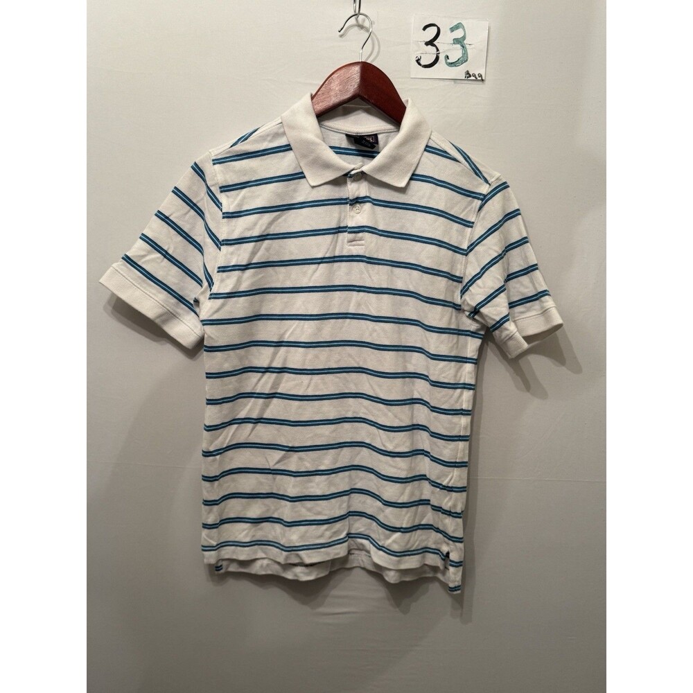 Vintage Champs Sports Polo Shirt Mens S White Blue Striped 90s Y2K Cotton